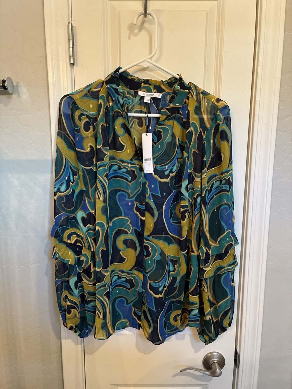 Chico's Lurex Ruffle Blouse Priya Swirl Classic Navy